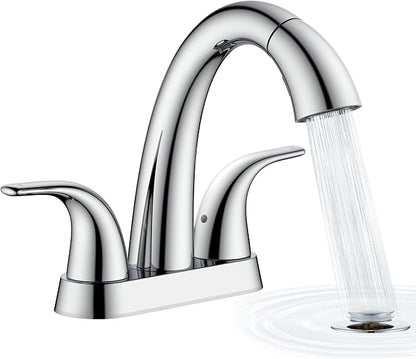 Bathroom Sink Faucet with Sprayer, 4 Inch Faucet Chrome with Pop Up Drain | Ultimate Unicorn Centerset Pull Down Vanity Faucets 3 Hole- Two Handle Modern Washbasin Tap Set for Rv Lavatory Restroom