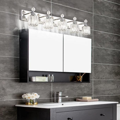 PRESDE Crystal 5-Light Vanity Light for Bathroom，Chrom Modern Bathroom Lights Fixtures Over Mirror