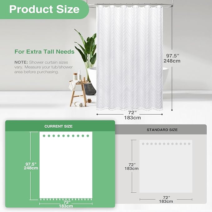Dynamene Extra Long Shower Curtains, 96 Inches Long Boho Tufted Chevron Striped Fabric Shower Curtains for Bathroom, Tall Minimalist Waterproof Cloth Shower Curtain Set with 12 Hook, White, 72x96