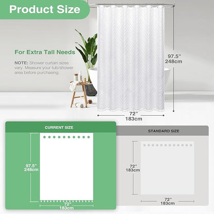 Dynamene Extra Long Shower Curtains, 96 Inches Long Boho Tufted Chevron Striped Fabric Shower Curtains for Bathroom, Tall Minimalist Waterproof Cloth Shower Curtain Set with 12 Hook, White, 72x96