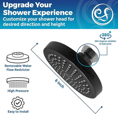 CircleSplash Shower Head - High Pressure 2.5 GPM - Matte Black | Anti-clog silicone nozzles, removable restrictor, easy-clean fixed replacement