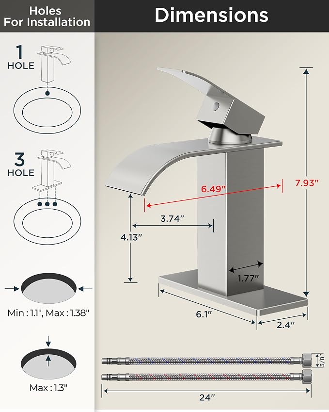 FORIOUS Bathroom Faucet 1 Hole, Waterfall Vanity Sink Faucet Brushed Nickel | Bathroom Sink Faucet 1 or 3 Hole, Square Single Handle with 24" cUPC Supply Line and Pop-up Drain, Fits RV Restroom Basin