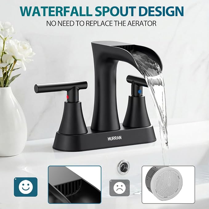 Waterfall Bathroom Faucets 3 Hole, HURRAN 4 Inch Centerset Bathroom Sink Faucet with Pop-up Drain, Stainless Steel 2 Handle Modern Sink Faucet Mixer Tap for Vanity RV Restroom Basin, Matte Black
