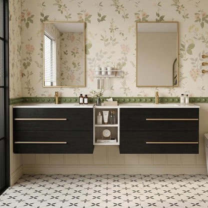 84 Inch Floating Double Sink Bathroom Vanity, Modern Bathroom Vanity with Sink & Large Storage Drawers, Wall Mounted Bathroom Sink Cabinet, Black&White