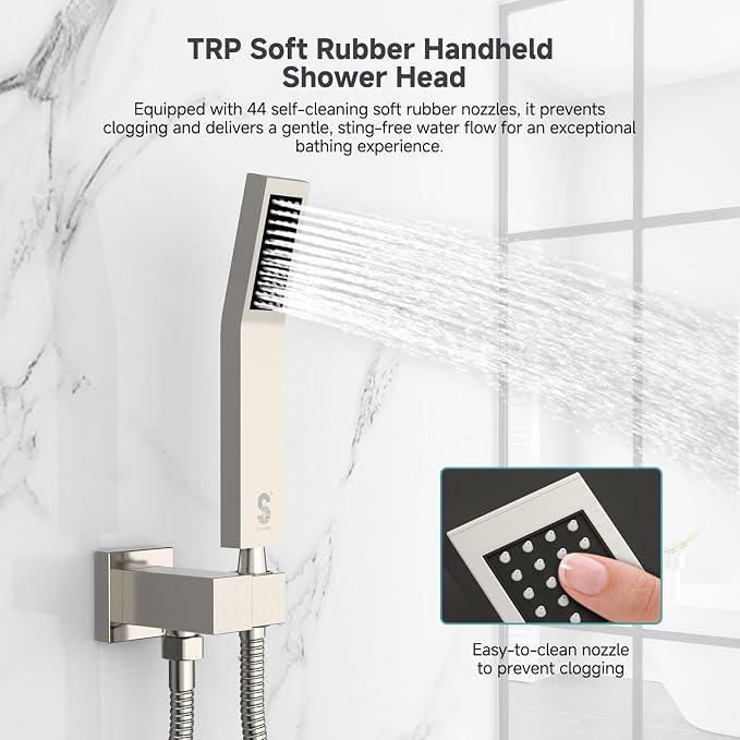 SR SUN RISE Shower System with Push Button Diverter, Wall Mounting Luxury 10 Inch Rain Shower Head with Handheld Spray, High Pressure Shower Faucet Combo Set with Rough-in Valve, Brushed Nickel