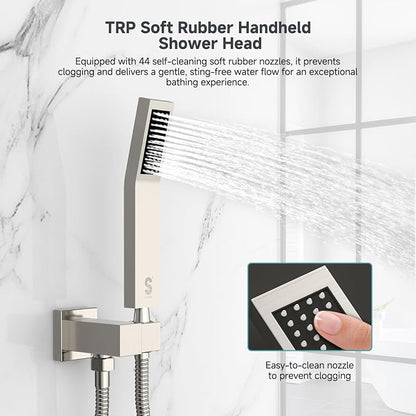 SR SUN RISE Shower System with Push Button Diverter, Wall Mounting Luxury 10 Inch Rain Shower Head with Handheld Spray, High Pressure Shower Faucet Combo Set with Rough-in Valve, Brushed Nickel