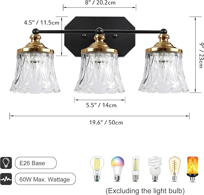 Vintage Bathroom Vanity Light Fixtures, Black and Gold 3-Light Vanity Light, Antique Bathroom Lighting Fixtures Over Mirror with Crystal Glass Shade, Vanity Lights for Bedroom Living Room Hallway
