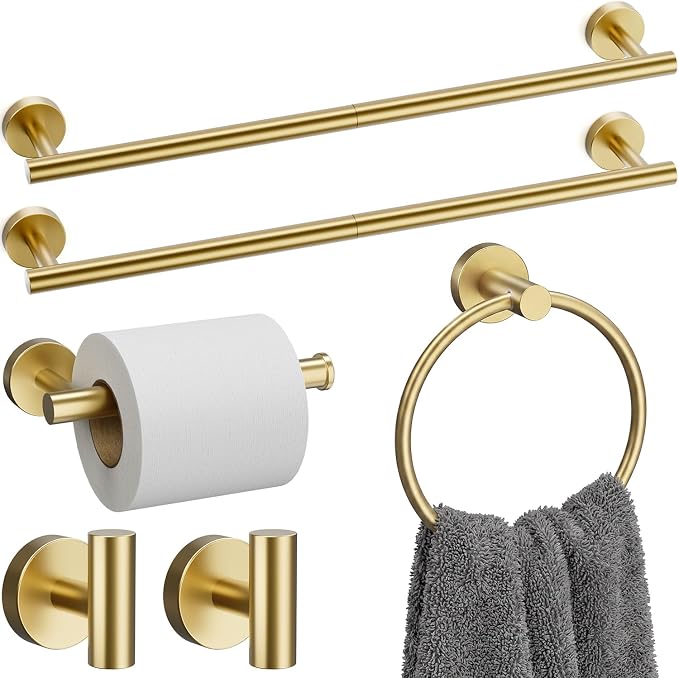 Brushed Gold Bathroom Accessories Set, 6 Pieces Bathroom Hardware Set Gold Bathroom Set, 24 Inch Towel Racks for Bathroom, SUS304 Stainless Steel Bath Towel Bar Set Toilet Paper Holder Wall Mounted