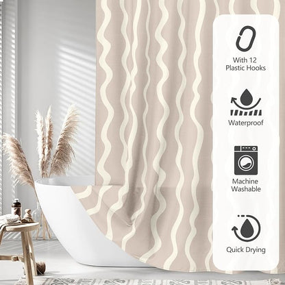 Tititex Cute Curvy Wavy Lines 140gsm Faux Linen Fabric Shower Curtain, Elegant Beige Cream Wave Striped Shower Curtain Sets Decoration 72x72 Inch with Hooks