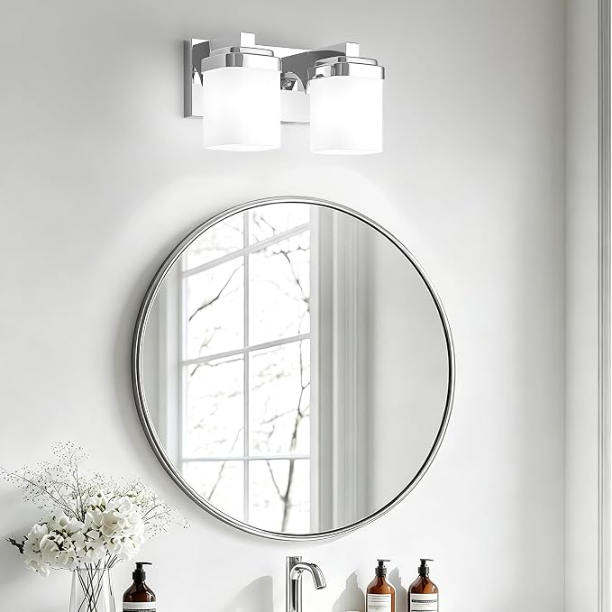 Lighting Fixtures Over Mirror, Small Bathroom Lamp Vanity Lights | 2-light chrome vanity lights for bathroom with milky white square glass shade, 10" modern farmhouse bathroom light fixtures