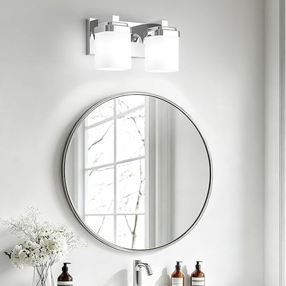 Lighting Fixtures Over Mirror, Small Bathroom Lamp Vanity Lights | 2-light chrome vanity lights for bathroom with milky white square glass shade, 10" modern farmhouse bathroom light fixtures