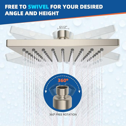 Hibbent cUPC Certified Thickness Metal 6'' Rain Shower Head, Brushed Nickel | High Pressure Shower Head, Bathroom Waterfall Shower Heads, High Flow Fixed Showerheads with Adjustable Brass Ball Joint