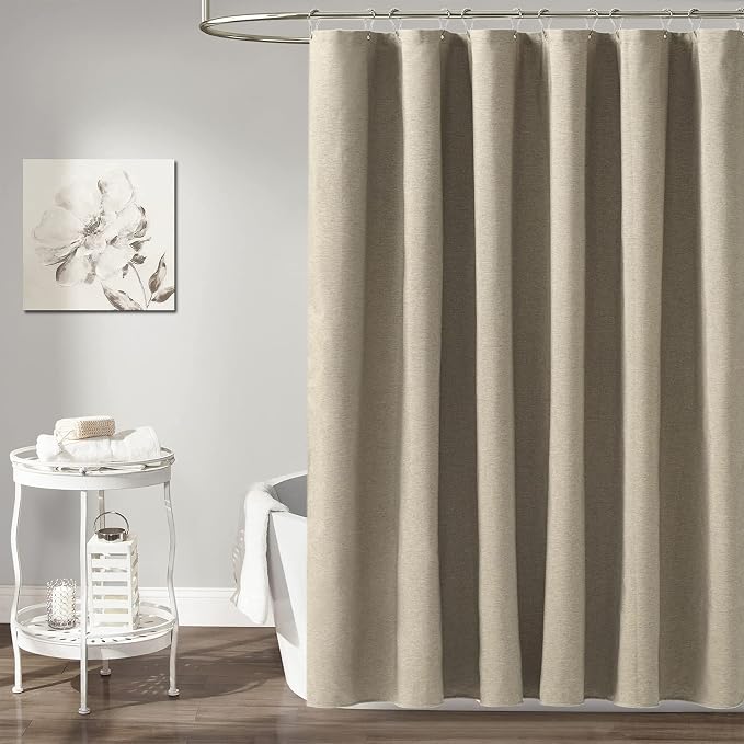 72x84 Long Linen Textured Waterproof Fabric Shower Curtain, Khaki/Tan | Heavy Duty Polyester Cloth, 12 Plastic Hooks, Elegant Drape, Modern Hotel Style, Bathroom Decor, Machine Washable, Quick-dry