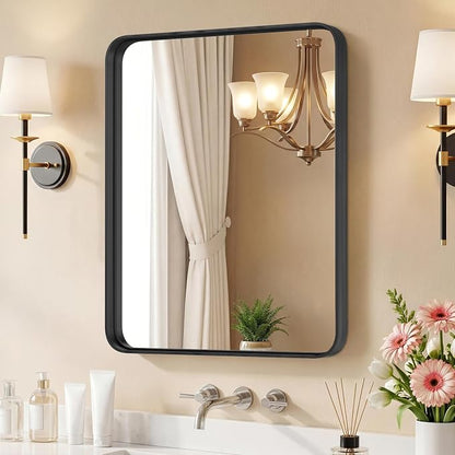 30x22 Inch Bathroom Mirror for Over Sink, Vanity Mirror | Metal Framed Rounded Rectangle,for Wall, Farmhouse, Restroom, Anti-Rust, Horizontal or Vertical Hanging, Black