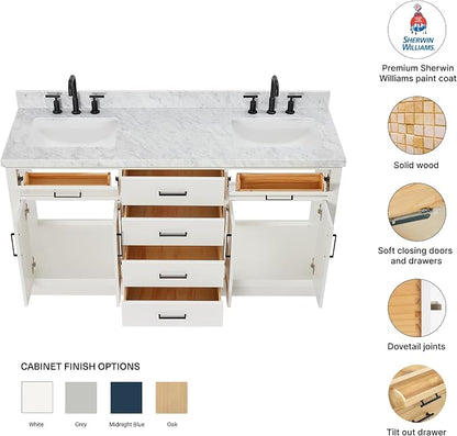 Isabella 66" White Double Bathroom Vanity, 1.5" Edge Italian Carrara Marble Countertop, Rectangular Undermount Sinks, 4 Soft Closing Doors, 6 Full Extension Dovetail Drawers