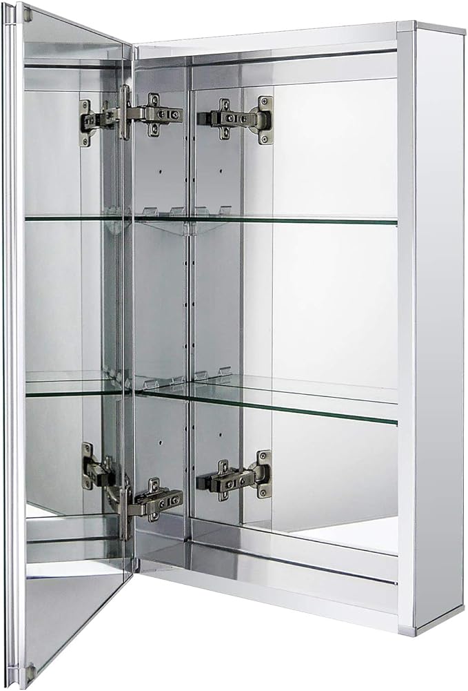 Fundin Aluminum Bathroom Medicine Cabinet with Framless Double Sided Mirror Door15 Inch x 24 Inch Recess or Surface Mount, Silver