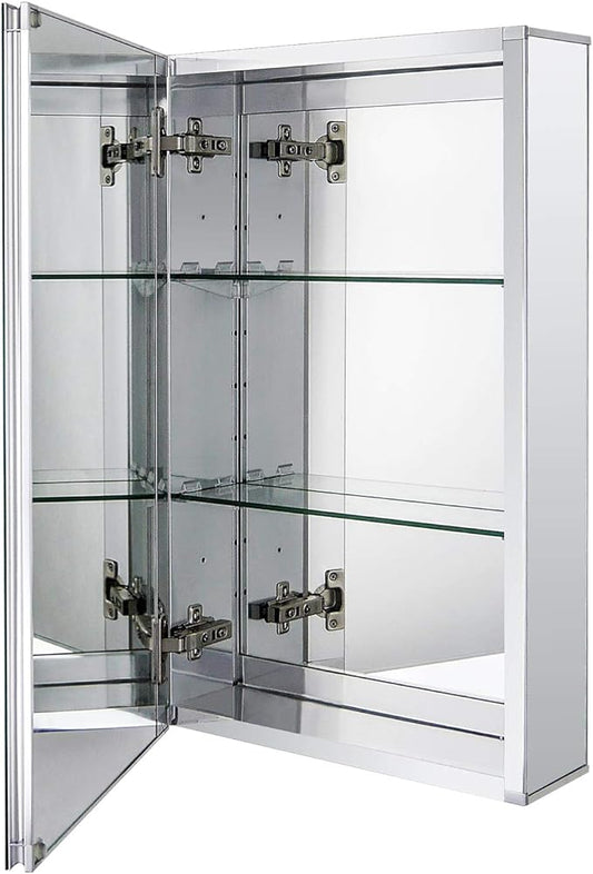 Fundin Aluminum Bathroom Medicine Cabinet with Framless Double Sided Mirror Door15 Inch x 24 Inch Recess or Surface Mount, Silver