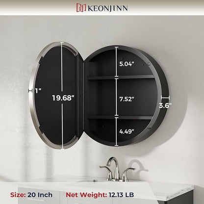 Keonjinn 20 Inch Round Medicine Cabinet with Mirror, Brushed Nickel Surface Mount Medicine Cabinet for Bathroom, Framed Circular Bathroom Cabinet Wall Mounted, Round Vanity Mirror with Storage | Surface Mount, Brushed Nickel Medicine Cabinets Mirror, S...