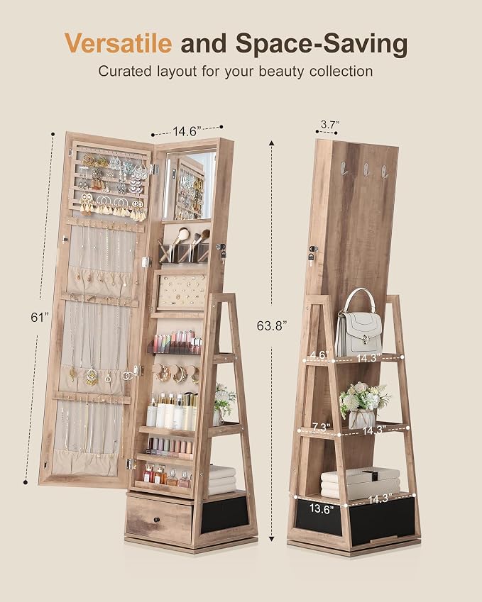 Nicetree 360° Swivel Jewelry Cabinet with Lights, Full Length Mirror, Oak | Standing Mirror Jewelry Cabinet, Lockable Mirror with Storage, Lighted Interior Mirror, Rear Shelves, Flip-over Shelf