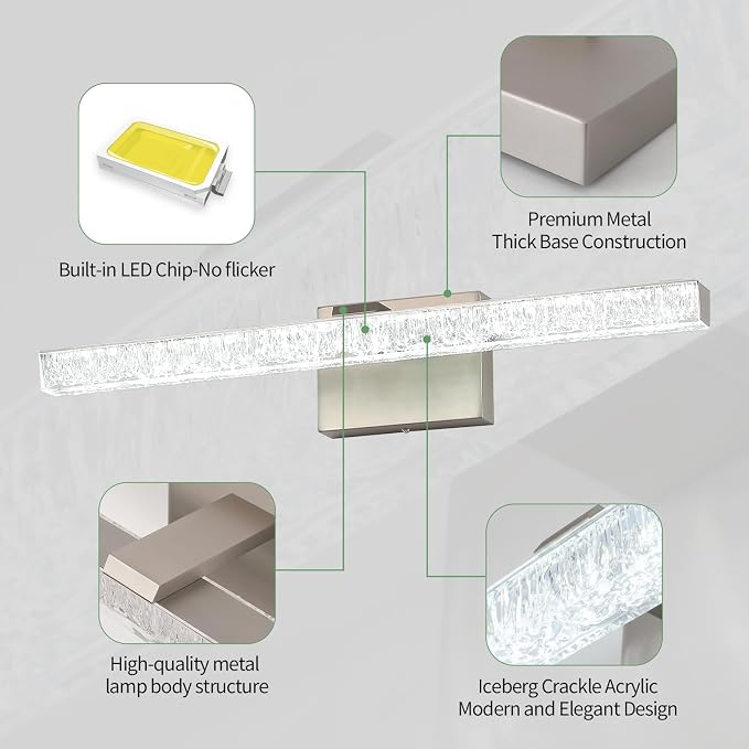 Brushed Nickel Vanity Lights for Bathroom, 24 Inch Modern LED Bathroom Light Fixtures Over Mirror with Iceberg Pattern Acrylic, 5500K Daylight Wall Sconce for Mirror Cabinet and Makeup Sink
