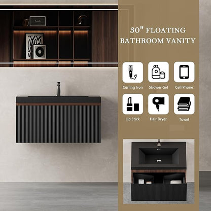 30" Floating Bathroom Vanity with Sink, Wall-Mounted Smoked Walnut Storage Cabinet, Wave-Textured Soft-Close Drawer & Matte Black Quartz Sand Basin