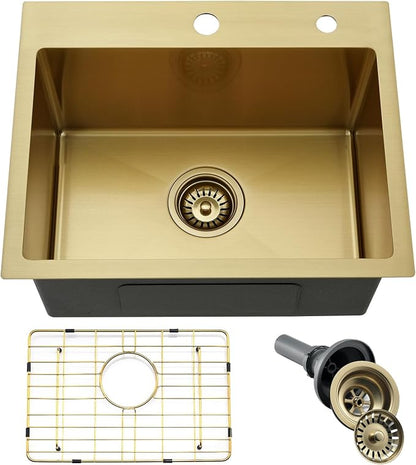 20x16 Gold Drop In Bar Sink Stainless Steel Small Outdoor Sink | Gold Kitchen Sink Wet Bar 16 Gauge Top Mount Single Bowl Sink with Drain Strainer