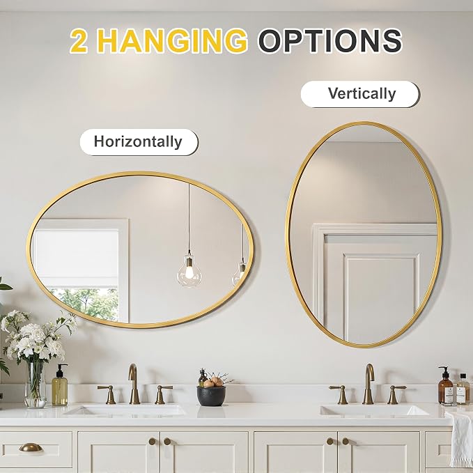 Oval Bathroom Mirror for Wall, 26"x38" Gold Bathroom Vanity Mirror | HD Shatterproof Glass, Metal Framed, Oval Vanity Mirrors for Bathroom, Bedroom, Living Room, Entryway, Horizontal or Vertical