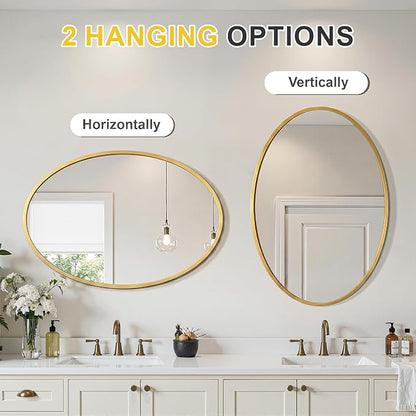 Oval Bathroom Mirror for Wall, 26"x38" Gold Bathroom Vanity Mirror | HD Shatterproof Glass, Metal Framed, Oval Vanity Mirrors for Bathroom, Bedroom, Living Room, Entryway, Horizontal or Vertical