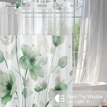 No Hook Shower Curtain and Liner Set, Green Boho Floral 71x77 | Watercolor Boho Flower, with Snap in Liner, Mesh Top Window, Waterproof, Machine Washable, Quick-Drying, for Hotel Bathroom