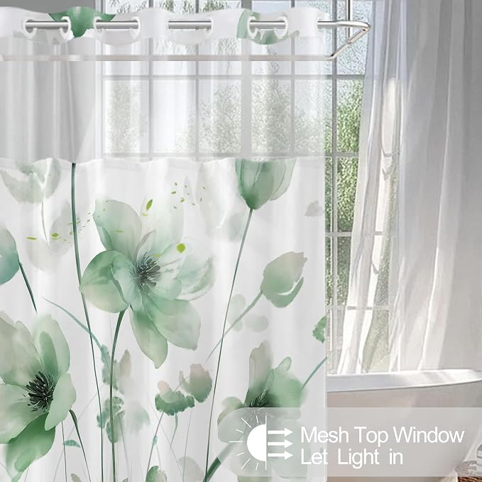 No Hook Shower Curtain and Liner Set, Green Boho Floral 71x74 | Watercolor Boho Flower, with Snap in Liner, Waterproof, Machine Washable, Quick-Drying, for Hotel Bathroom