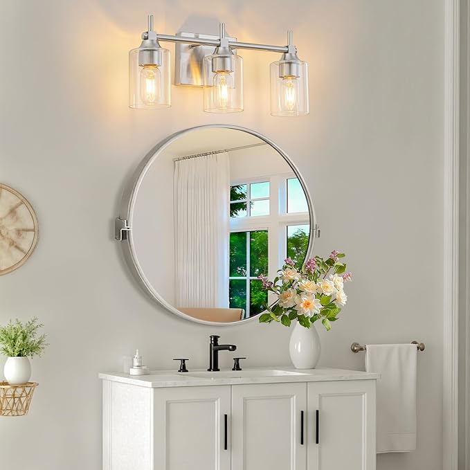 3-Light Modern Bathroom Vanity Light,Brushed Nickel Light Fixtures for Bathroom,Modern Wall Light Over Mirror with Glass E26 Socket (Bulbs Not Included)