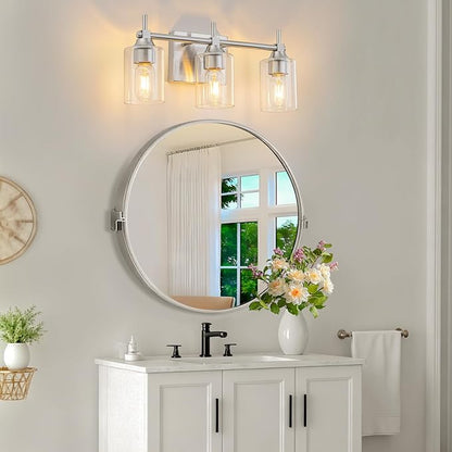 3-Light Modern Bathroom Vanity Light,Brushed Nickel Light Fixtures for Bathroom,Modern Wall Light Over Mirror with Glass E26 Socket (Bulbs Not Included)
