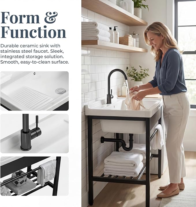 Freestanding Laundry Utility Sink with Washboard | 19" x 28.3" x 32.3" Ceramic Utility Sink with Bracket and Drain Kit for Laundry Room, Utility Room, Garage, Outdoor / Indoor
