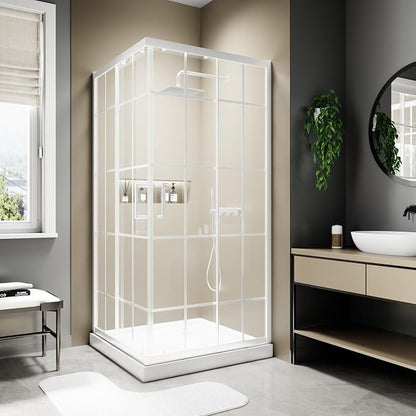 36x36x71 White Shower Enclosure, 1/4"(6mm) SGCC Clear Grid Tempered Glass | Double Sliding Corner Shower Door, Stainless Steel Handle&Tracks, Easy to Assemble, Base No Included
