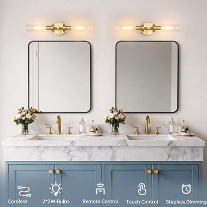 Shenmoyl Set of 2 Wall Sconces, 7800 mAh Battery Operated Wall Sconce with 3 Colors & Remote Control, Gold Rechargeable Wall Lamp with Clear Glass Shade for Bedroom, Bathroom, Living Room, Hallway