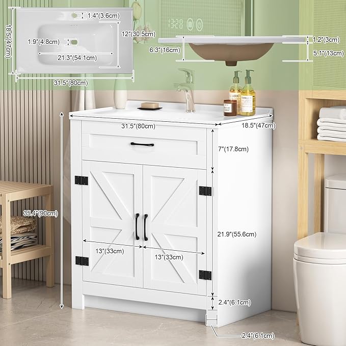 32" Farmhouse Bathroom Vanity with Ceramic Sink, 2 Barn Door Design, Freestanding Storage Cabinet, Actual 31.5" L x 18.5" W x 35.4" H, White