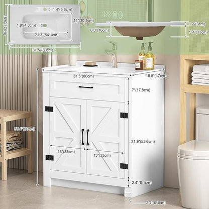 32" Farmhouse Bathroom Vanity with Ceramic Sink, 2 Barn Door Design, Freestanding Storage Cabinet, Actual 31.5" L x 18.5" W x 35.4" H, White