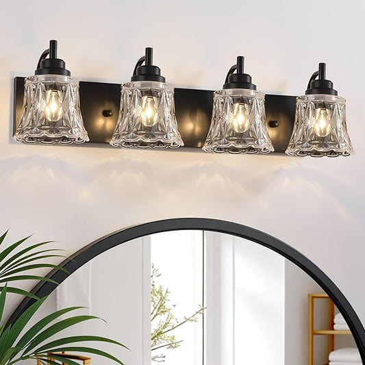 Black Bathroom Vanity Light Fixture, Bathroom Light Fixtures Over Mirror, 4 Lights Black Bathrooms Lighting,Matte Antique Finish with Crystal Glass Shade, Vintage Vanity Light for Bathrooms