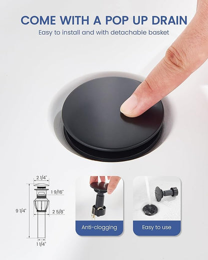 Bathroom Sink Faucet with Pull Out Sprayer 2 Handles, Matte Black Pull Down Bathroom Faucet 3 Holes, 4 Inch Black Faucet Bathroom, 360 Degree Swivel Spout, Pop Up Drain Assembly Included
