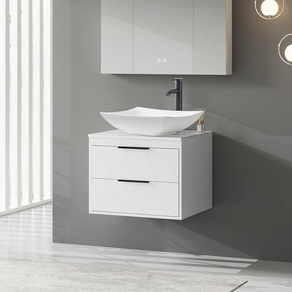 eclife 24" Floating Bathroom Vanities with Sink Combo, Wall Mounted Modern Cabinet W/Diamond Line Pattern Design, White Curved Ceramic Vessel Sink W/Water Save Faucet & Pop Up Drain, White