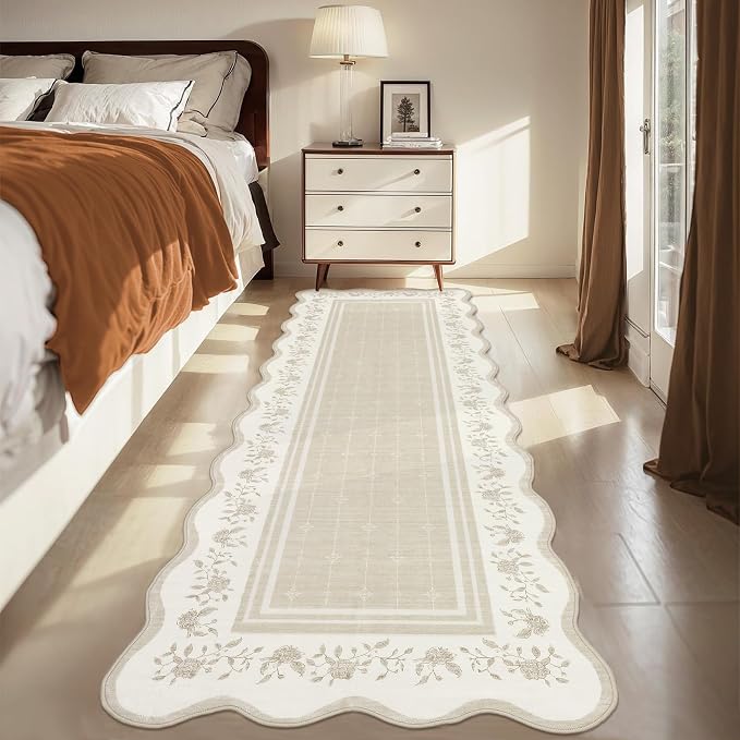 Garvee 2x6 Runner Rug Scalloped Kitchen Runner Rug Entryway Runners Beige | Washable Non Slip Modern Bordered Foldable Thin Accent Carpet Low Pile Soft Nursery Rugs for Hallway Bathroom Bedside Laundry