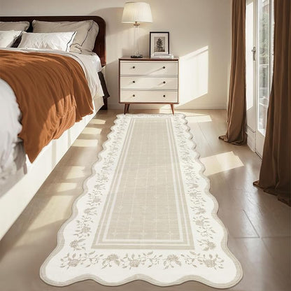 Garvee 2x6 Runner Rug Scalloped Kitchen Runner Rug Entryway Runners Beige | Washable Non Slip Modern Bordered Foldable Thin Accent Carpet Low Pile Soft Nursery Rugs for Hallway Bathroom Bedside Laundry