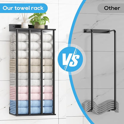 Wall Mounted 4-Bar Towel Rack with Wooden Shelf, Bathroom Storage Holder | Large Bathroom Towel Storage Rack for Rolled Towels, Modern Black Metal Towel Organizer Shelf with Wooden Storage Shelf