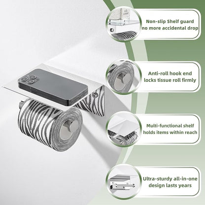 Polished Chrome Toilet Paper Holder with Phone Shelf, Wall Mounted | Sturdy 304 Stainless Steel, Fits Bathroom, Restroom, Powder Room, Heavy Duty Paper Roll & Tablet Storage Tissue Dispenser