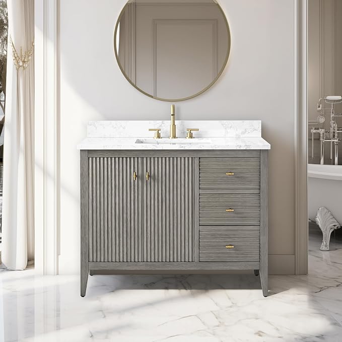 Vanity Art 42 inch Bathroom Vanity with Single Sink & Ceramic Top, Vanity Cabinet with Soft-Closing Door, Solid Wood Frame, Linear Pattern, Driftwood Gray, Golden Brushed Handware VA9142-DG-GB