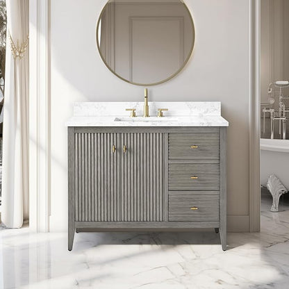 Vanity Art 42 inch Bathroom Vanity with Single Sink & Ceramic Top, Vanity Cabinet with Soft-Closing Door, Solid Wood Frame, Linear Pattern, Driftwood Gray, Golden Brushed Handware VA9142-DG-GB