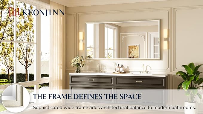 Keonjinn 72" x 36" Brushed Nickel Bathroom Mirrors for Over Sink, Aluminum | Beveled Edge Tempered Glass, Decorative Metal Framed, Rustproof, Large Rectangular Vanity Wall-Mounted Mirror for Dining Room