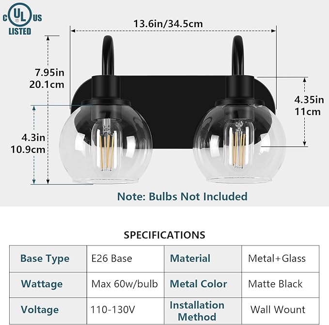 Modern 2-Light Vanity Light, Bathroom Lighting Fixture Over Mirror With Clear Glass Shade and Metal Base, Matte Black Wall Mounted for Bathroom