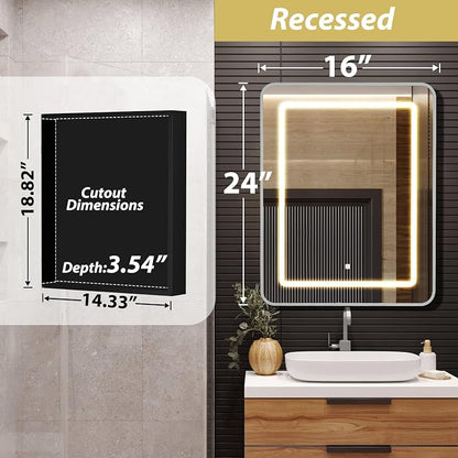 APRILSOUL 16x24 Inch Lighted Bathroom Medicine Cabinet with Mirror, Silver Recessed or Surface Mount Medicine Cabinet Mirror with Storage and LED Lights, 3 Colors Temperature, Dimmable Light