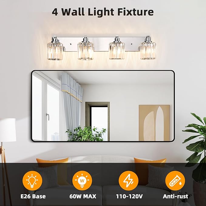 4 Lights Crystal Bathroom Vanity Light Modern Chrome Bathroom Light Fixture Bathroom Lighting Fixtures Over Mirror for Mirror E26 Base